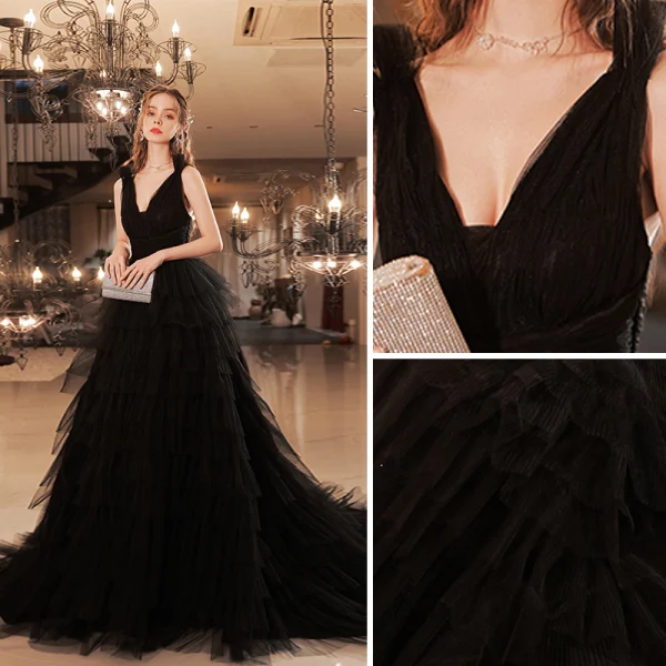 Sexy Black Cascading Ruffles Prom Dresses 2022 A-Line / Princess V-Neck Sleeveless Backless Floor-Length / Long Prom Formal Dresses