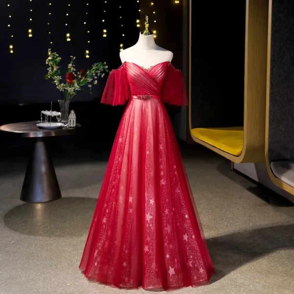 Schöne Rot Strass Star Pailletten Ballkleider 2023 A Linie Off Shoulder Kurze Ärmel Rückenfreies Lange Ball Festliche Kleider