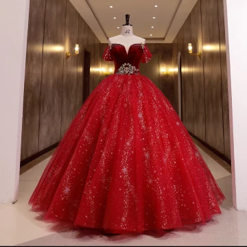 Chic Belle Rouge Étoile Paillettes Daim Robe De Bal 2022 Robe Boule De L Épaule Manches Courtes Dos Nu Perlage Longue Robe De Ceremonie