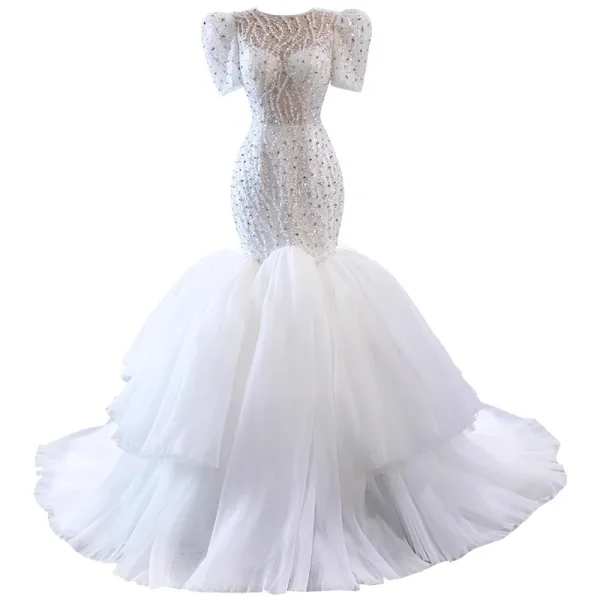 High-end White Handmade  Beading Pearl Sequins Wedding Dresses 2023 Trumpet / Mermaid Scoop Neck Short Sleeve Court Train Wedding