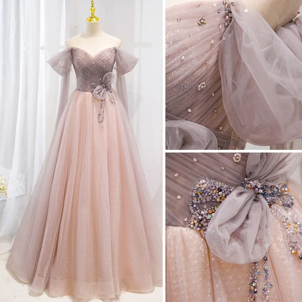 Mooie / Prachtige Oud Roze Rhinestone Pailletten Galajurken 2022 A lijn Uit De Schouder Korte Mouwen Ruglooze Strik Lange Gala Gelegenheid Jurken