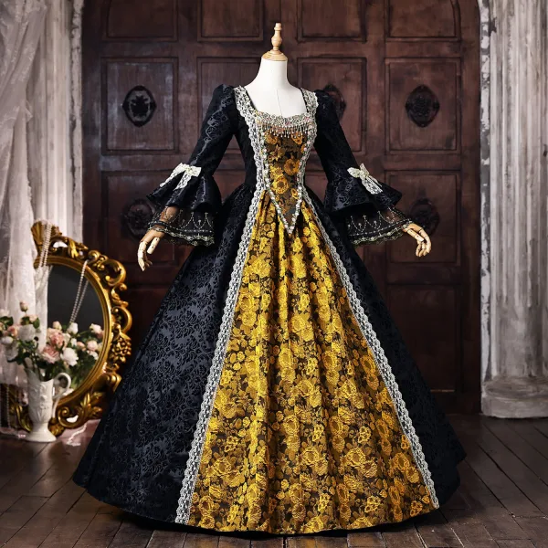 Vintage / Retro Medieval Black Halloween Lace Flower Printing Bow Prom Dresses 2026 Ball Gown Square Neckline Bell sleeves Floor-Length / Long Formal Dresses