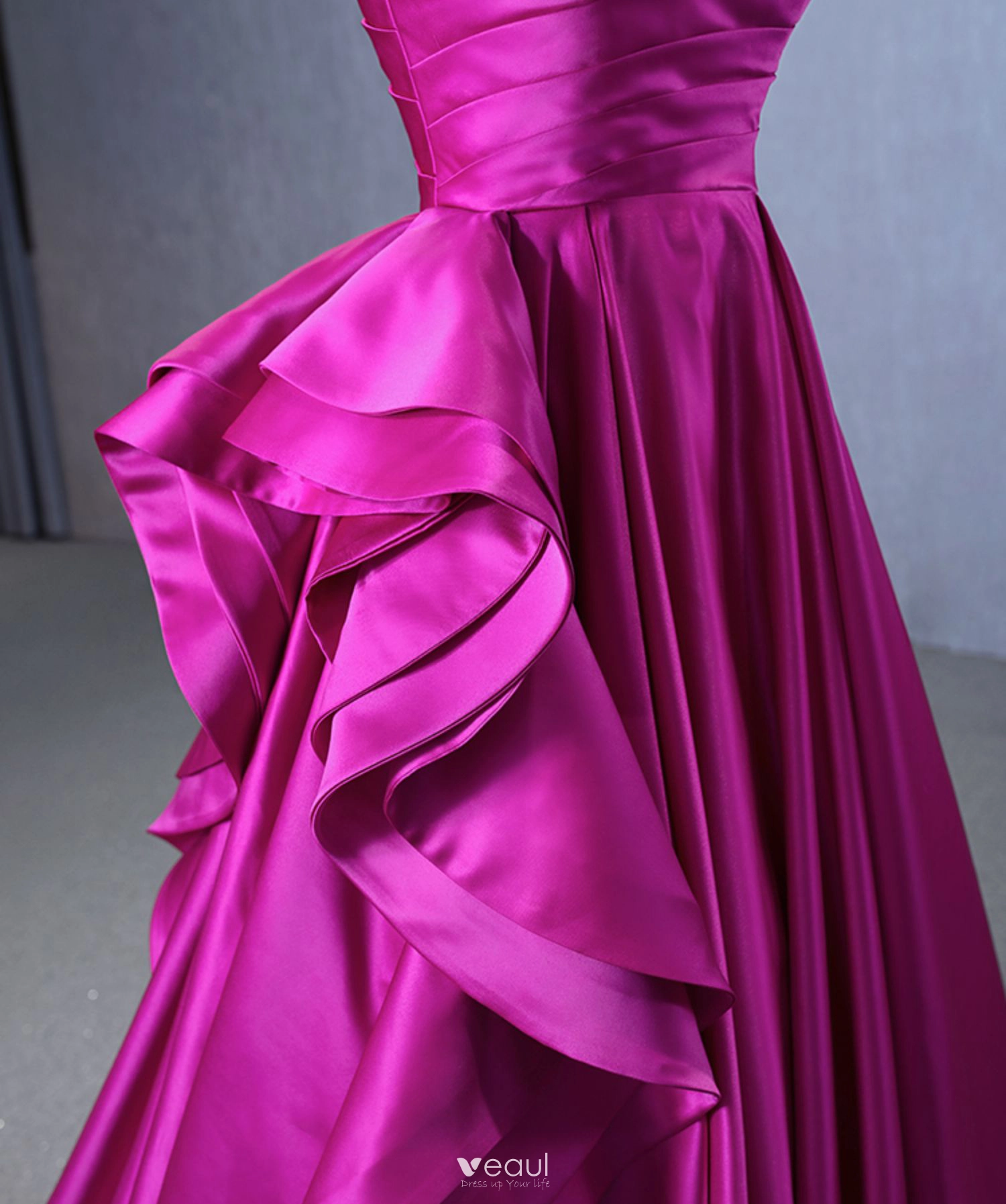 hot pink prom dresses 2024 Hot Pink Long Prom Dress with Beaded Lace Applique Fuchsia / 6 main image 1