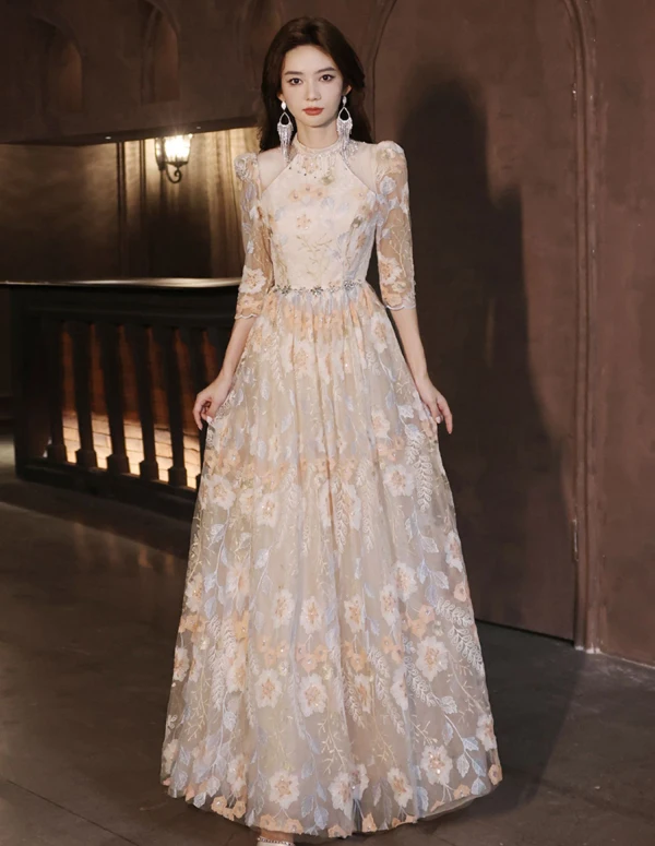 Chic / Beautiful Champagne Sequins Lace Flower Prom Dresses 2024 A-Line / Princess Scoop Neck 3/4 Sleeve Floor-Length / Long Prom Formal Dresses