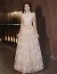 Chic / Beautiful Champagne Sequins Lace Flower Prom Dresses 2024 A-Line / Princess Scoop Neck 3/4 Sleeve Floor-Length / Long Prom Formal Dresses