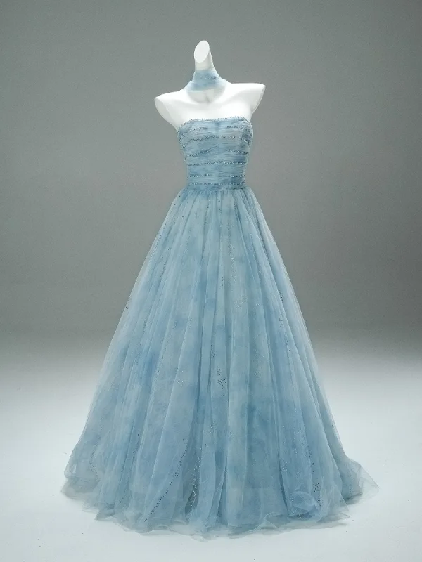 Charming Sky Blue Handmade  Beading Pearl Prom Dresses 2025 A-Line / Princess Strapless Sleeveless Backless Floor-Length / Long Formal Dresses