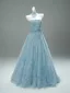 Charming Sky Blue Handmade  Beading Pearl Prom Dresses 2025 A-Line / Princess Strapless Sleeveless Backless Floor-Length / Long Formal Dresses