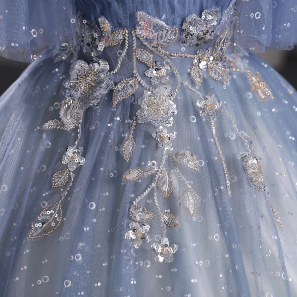 Schöne Meeresblau Perlenstickerei Ballkleider 2023 Ballkleid Off Shoulder Kurze Ärmel Rückenfreies Lange Ball Festliche Kleider