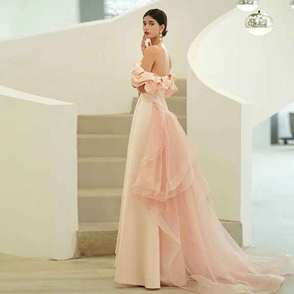 Élégant Rougissant Rose Organza Promo Robe De Bal 2022 Princesse Bustier Sans Manches Dos Nu Longue Robe De Ceremonie