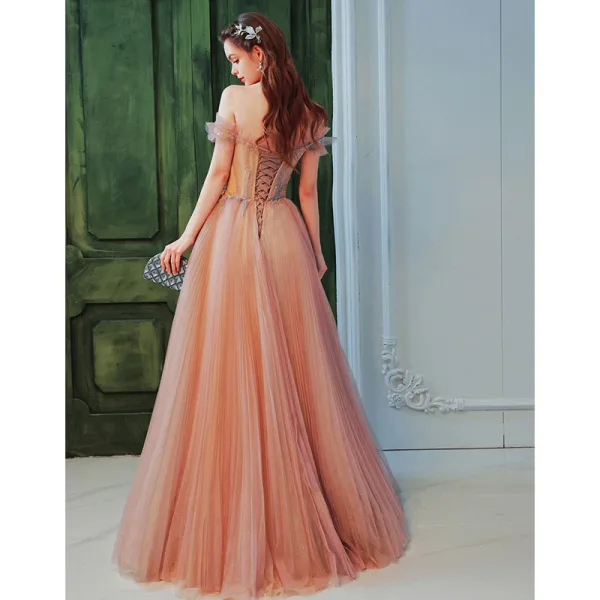 Elegant Blushing Pink Pearl Sequins Pleated Prom Dresses 2022 A-Line / Princess Off-The-Shoulder Short Sleeve Backless Floor-Length / Long Formal Dresses