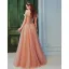 Elegant Blushing Pink Pearl Sequins Pleated Prom Dresses 2022 A-Line / Princess Off-The-Shoulder Short Sleeve Backless Floor-Length / Long Formal Dresses