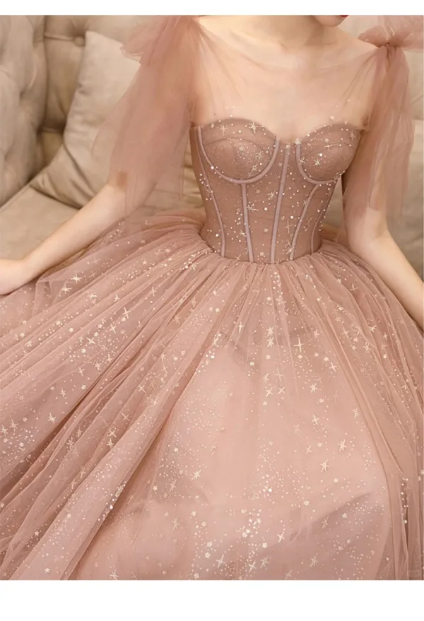 Chic / Beautiful Champagne Glitter Sequins Prom Dresses 2024 A-Line / Princess Scoop Neck Sleeveless Backless Floor-Length / Long Prom Formal Dresses