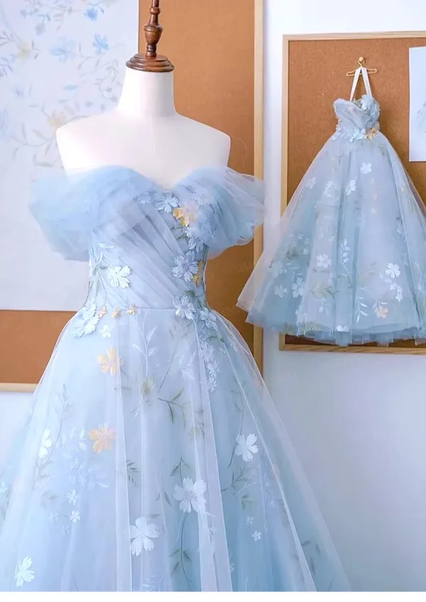Flower Fairy Sky Blue Appliques Organza Prom Dresses 2023 A-Line / Princess Off-The-Shoulder Sleeveless Backless Floor-Length / Long Prom Formal Dresses
