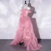 Sexy Rose Bonbon Volants en Cascade Robe De Soirée 2022 Princesse De l'épaule Sans Manches Dos Nu Asymétrique Soirée Robe De Ceremonie