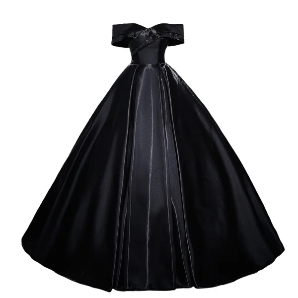 Elegante Schwarz Satin Ballkleider 2023 Ballkleid Off Shoulder Kurze Ärmel Rückenfreies Lange Festliche Kleider