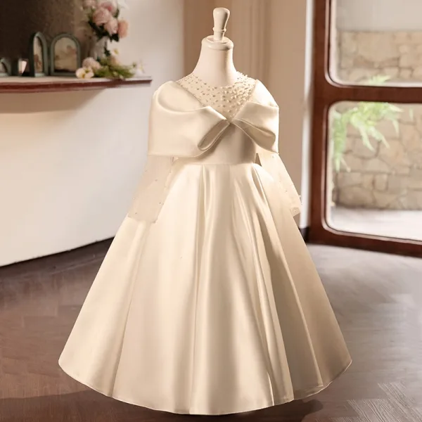 Elegant Ivory Pearl Satin Bow Birthday Flower Girl Dresses 2024 Ball Gown Scoop Neck Long Sleeve Floor-Length / Long Flower Girl Dresses
