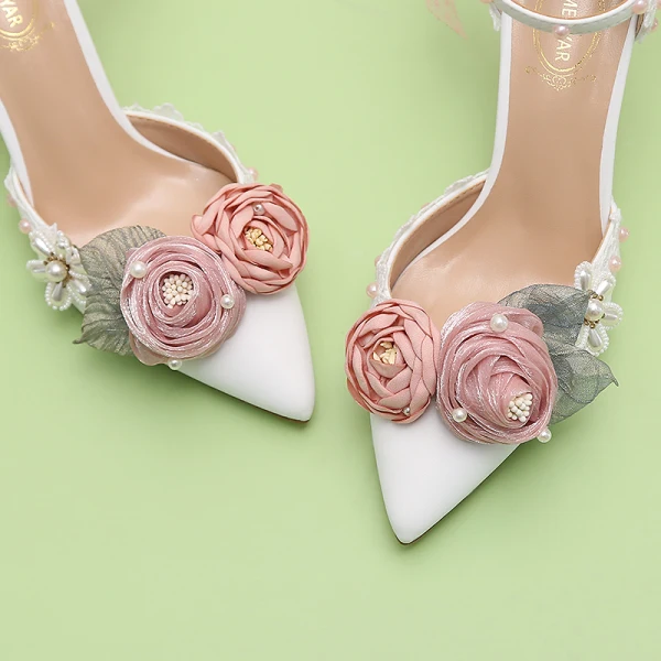 Lovely White Pearl Appliques Bow Prom Womens Sandals 2024 Ankle Strap 9 cm Stiletto Heels Pointed Toe Womens Shoes High Heels