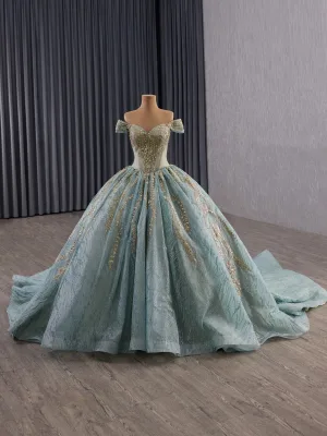 Luxe Vert Citron Fait Main Perlage Paillettes Robe De Bal 2025 Robe Boule De L Épaule Manches Courtes Dos Nu Chapel Train Robe De Ceremonie