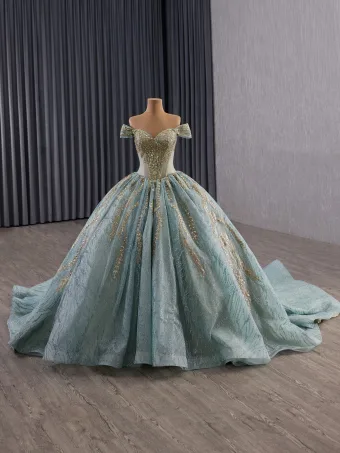 Luxe Vert Citron Fait Main Perlage Paillettes Robe De Bal 2025 Robe Boule De L Épaule Manches Courtes Dos Nu Chapel Train Robe De Ceremonie