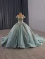 Luxury / Gorgeous Mint Green Handmade  Beading Sequins Prom Dresses 2025 Ball Gown Off-The-Shoulder Short Sleeve Backless Chapel Train Formal Dresses