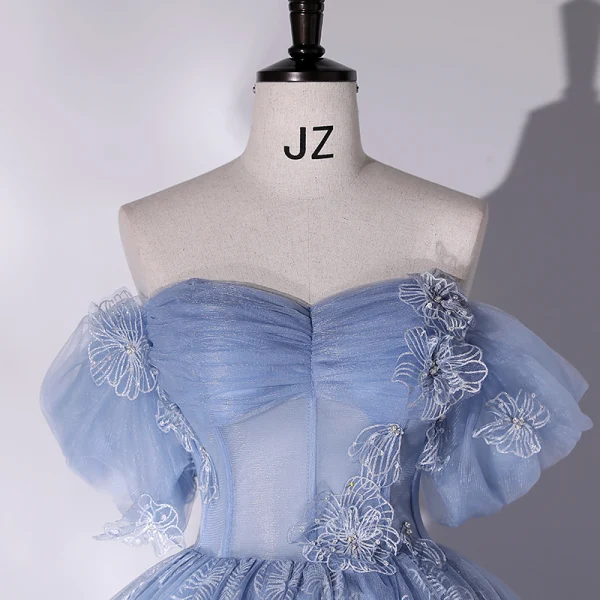Fashion Sky Blue Flower Sequins Prom Dresses 2022 Ball Gown Off-The-Shoulder Short Sleeve Backless Floor-Length / Long Prom Formal Dresses