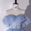 Fashion Sky Blue Flower Sequins Prom Dresses 2022 Ball Gown Off-The-Shoulder Short Sleeve Backless Floor-Length / Long Prom Formal Dresses