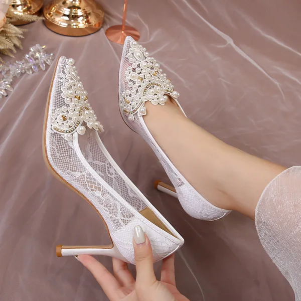 Chic / Beautiful White Pearl Rhinestone Lace Flower Wedding Shoes 2023 8 cm Stiletto Heels Pointed Toe Wedding Pumps High Heels