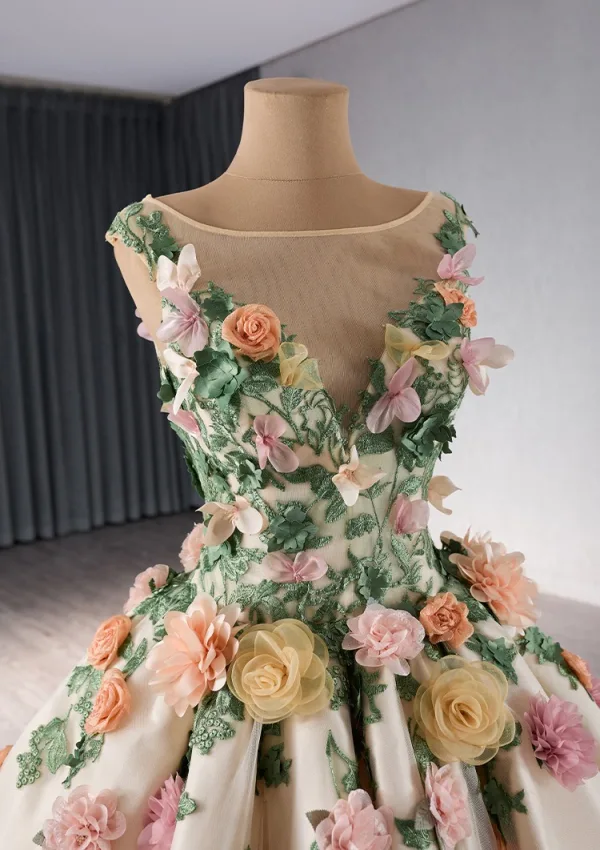 High End Blumenfee Champagner Spitze Blumen Applikationen Ballkleider 2024 Ballkleid Rundhalsausschnitt Ärmellos Rückenfreies Kathedrale Schleppe Ball Festliche Kleider