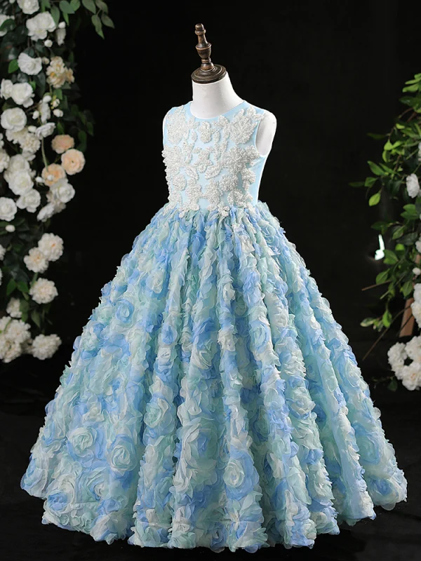 Flower Fairy Sky Blue Beading Pearl Appliques Birthday Flower Girl Dresses 2024 A-Line / Princess Scoop Neck Sleeveless Floor-Length / Long Tulle