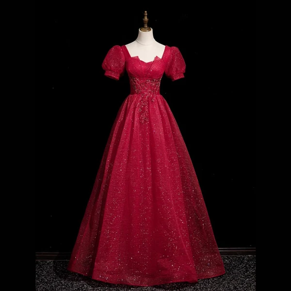 Élégant Gris Perlage Paillettes Robe De Bal 2023 Princesse Encolure Carrée Gonflée Manches Courtes Dos Nu Longue Promo Robe De Ceremonie