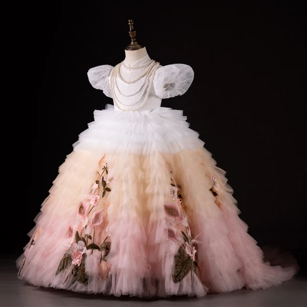Chic / Beautiful Gradient-Color Blushing Pink Appliques Cascading Ruffles Birthday Flower Girl Dresses 2024 Ball Gown Pearl High Neck Puffy Short Sleeve Floor-Length / Long