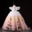 Chic / Beautiful Gradient-Color Blushing Pink Appliques Cascading Ruffles Birthday Flower Girl Dresses 2024 Ball Gown Pearl High Neck Puffy Short Sleeve Floor-Length / Long