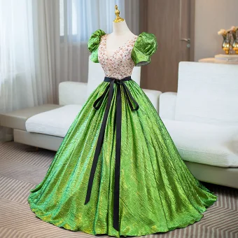 Elegant Green Sequins Prom Dresses 2024 Ball Gown V Neck Puffy Short Sleeve Backless Bow Sash Floor Length Long Prom Formal Dresses