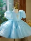 Chic / Beautiful Sky Blue Birthday Pearl Short Flower Girl Dresses 2023 Ball Gown Scoop Neck Puffy Short Sleeve Bow