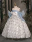Chic / Beautiful Sky Blue Beading Birthday Flower Girl Dresses 2024 Ball Gown Strapless Sleeveless Bow Backless Floor-Length / Long