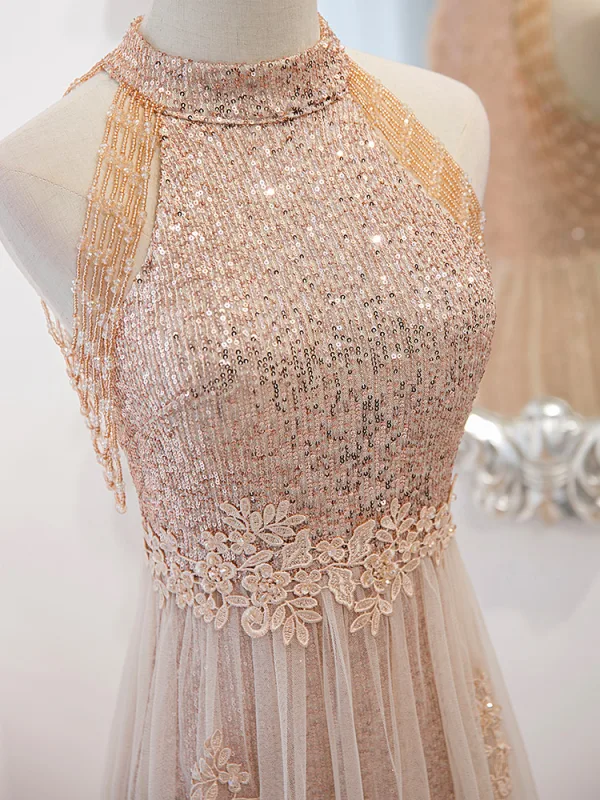 Sparkly Gold Beading Tassel Sequins Evening Dresses 2023 A-Line / Princess High Neck Sleeveless Backless Floor-Length / Long Evening Party Formal Dresses