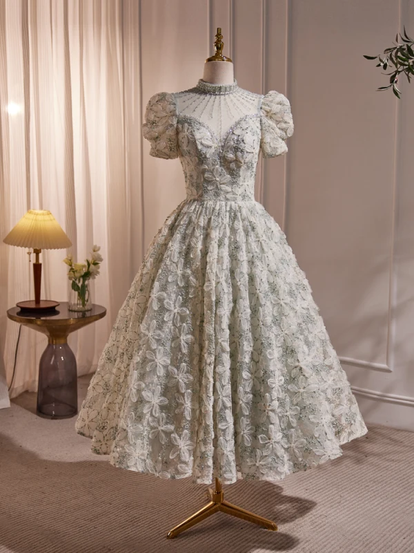 Vintage / Retro Sage Green Beading Pearl Flower Sequins Prom Dresses Ball Gown 2023 High Neck Short Sleeve Backless Floor-Length / Long Prom Formal Dresses