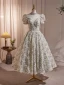 Vintage / Retro Sage Green Beading Pearl Flower Sequins Prom Dresses Ball Gown 2023 High Neck Short Sleeve Backless Floor-Length / Long Prom Formal Dresses