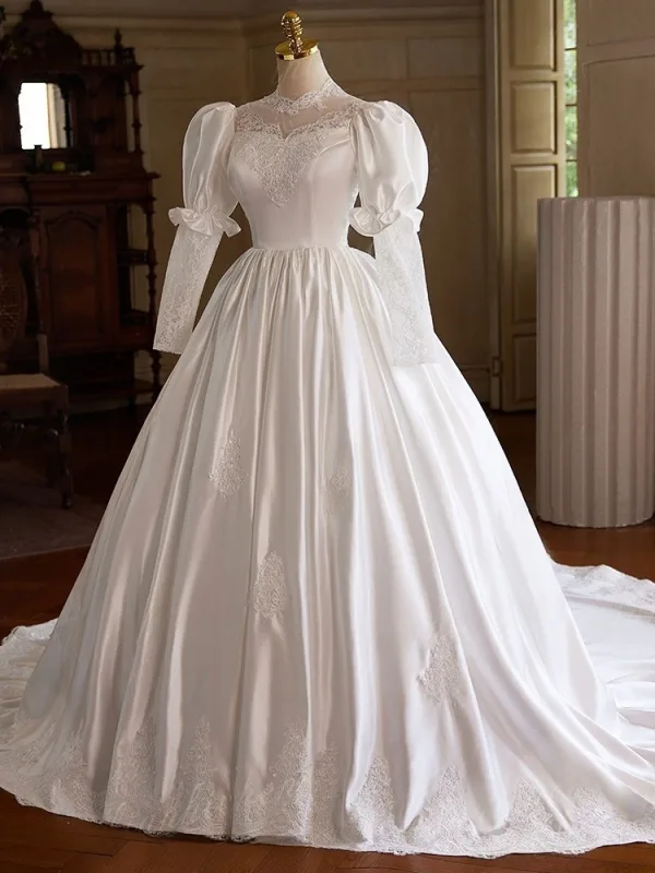Vintage / Retro Medieval White Lace Flower Satin Wedding Dresses 2025 Ball Gown High Neck Long Sleeve Backless Court Train