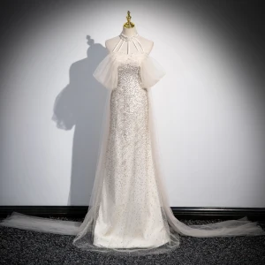 Charmant Blanche Perlage Paillettes Robe De Soirée 2024 Princesse Col Haut Sans Manches Dos Nu Longue Soirée Robe De Ceremonie