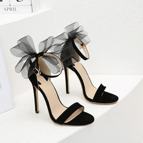 Sexy Schwarz Cocktail Sandalen Damen 2022 Knöchelriemen Schleife 11 cm Stilettos Peeptoes Hochhackige Sandaletten