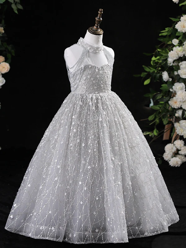 Chic / Beautiful Grey Beading Sequins Birthday Flower Girl Dresses 2024 A-Line / Princess High Neck Sleeveless Floor-Length / Long Tulle