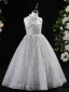 Chic / Beautiful Grey Beading Sequins Birthday Flower Girl Dresses 2024 A-Line / Princess High Neck Sleeveless Floor-Length / Long Tulle