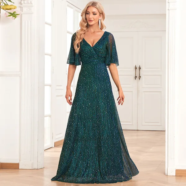 Bling Bling Vert Foncé Perlage Paillettes Robe De Soirée 2024 Princesse V-Cou Manches Courtes Dos Nu Longue Promo Robe De Ceremonie
