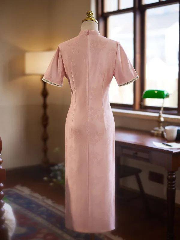 Chinese style Blushing Pink Evening Party Cheongsam 2025 Trumpet / Mermaid High Neck Short Sleeve Tea-length