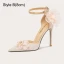 Sexy Rougissant Rose Glitter Perle Faux Diamant Appliques Promo Sandales Femme 2024 Cuir Bride Cheville 10 cm Talons Aiguilles À Bout Pointu Sandales Talons Hauts