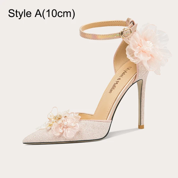 Sexy Rougissant Rose Glitter Perle Faux Diamant Appliques Promo Sandales Femme 2024 Cuir Bride Cheville 10 cm Talons Aiguilles À Bout Pointu Sandales Talons Hauts