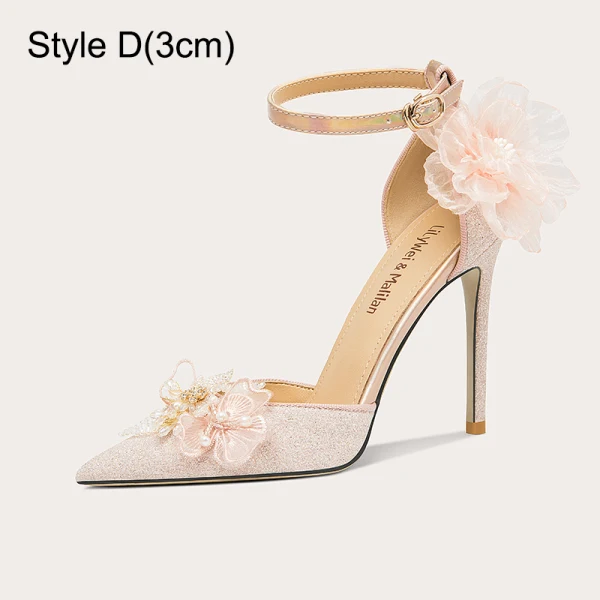 Sexy Rougissant Rose Glitter Perle Faux Diamant Appliques Promo Sandales Femme 2024 Cuir Bride Cheville 10 cm Talons Aiguilles À Bout Pointu Sandales Talons Hauts