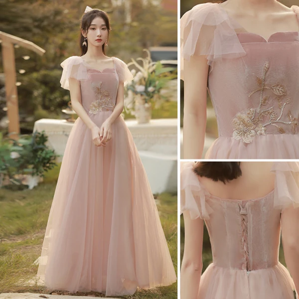 Chic / Belle Rose Sombre Perle Velour Robe Demoiselle D'honneur 2022 Princesse Encolure Carrée Manches Courtes Dos Nu Longue Demoiselle D'honneur Robe De Ceremonie