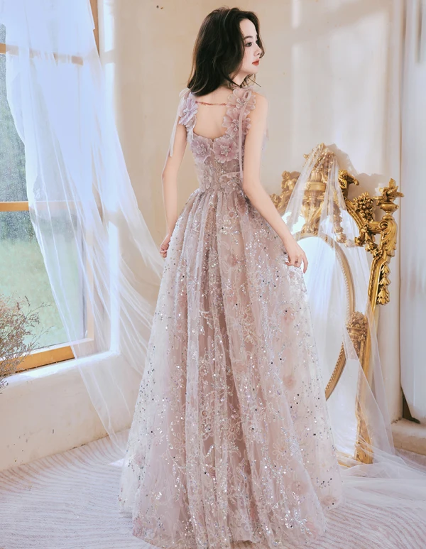 Charming Blushing Pink Beading Sequins Appliques Prom Dresses 2024 A-Line / Princess Square Neckline Sleeveless Backless Floor-Length / Long Prom Formal Dresses
